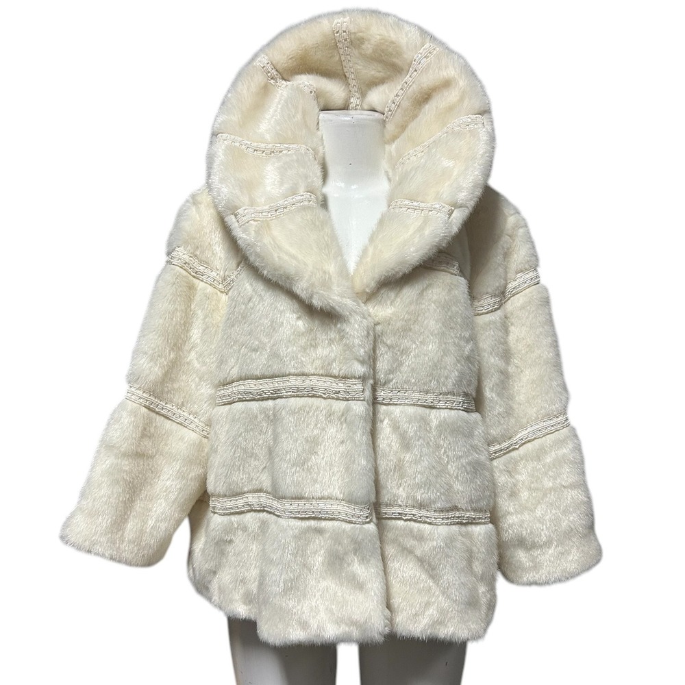 Terry Lewis Ivory Faux Fur Hooded Coat Jacket Winter Warm Size 1X